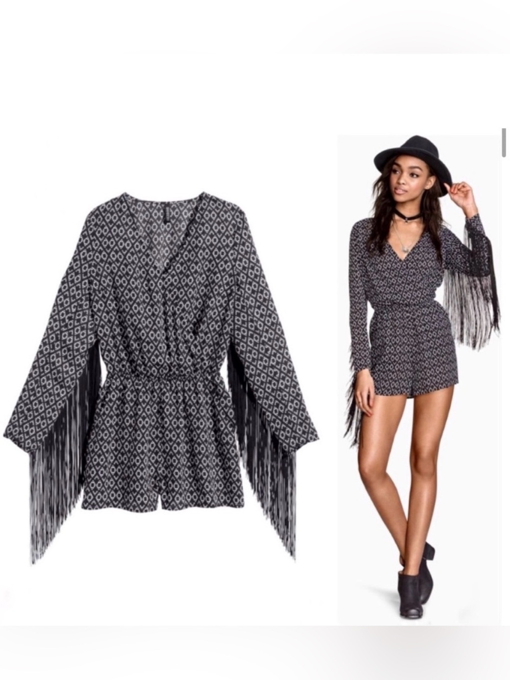 H&M Coachella Romper Sz 2 Fringe Trim Long Sleeve Black White Pockets Boho Gypsy